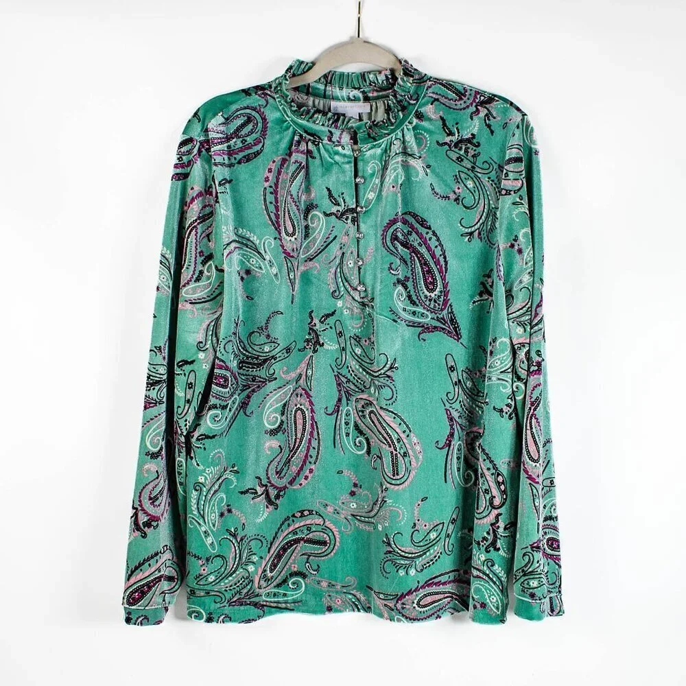 Charter Club Green Paisley High Neck Blouse - XL - Velvet Feel!! - Picture 2 of 9